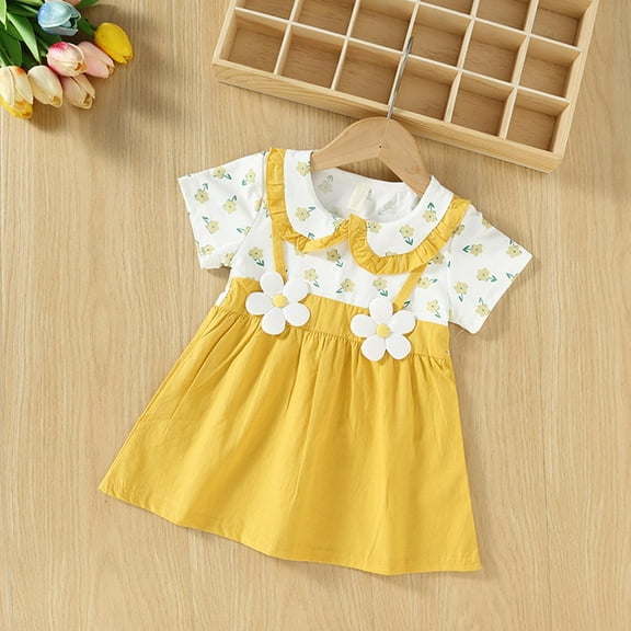 qolati Girl Summer Dresses Ruffle Short Sleeve Crew Neck Playwear Sundress Flower Print Swing Birthday Party Casual Cotton Dresses 0-3 Years