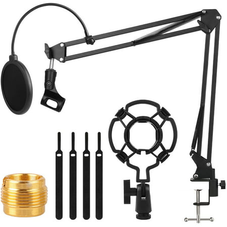 QUETO Support de microphone, bras de suspension réglable avec adaptateur à  vis 3/8 à 5/8, clip de micro, support antichoc, filtre anti-pop, mousse  de couverture de micro et attaches de câbl