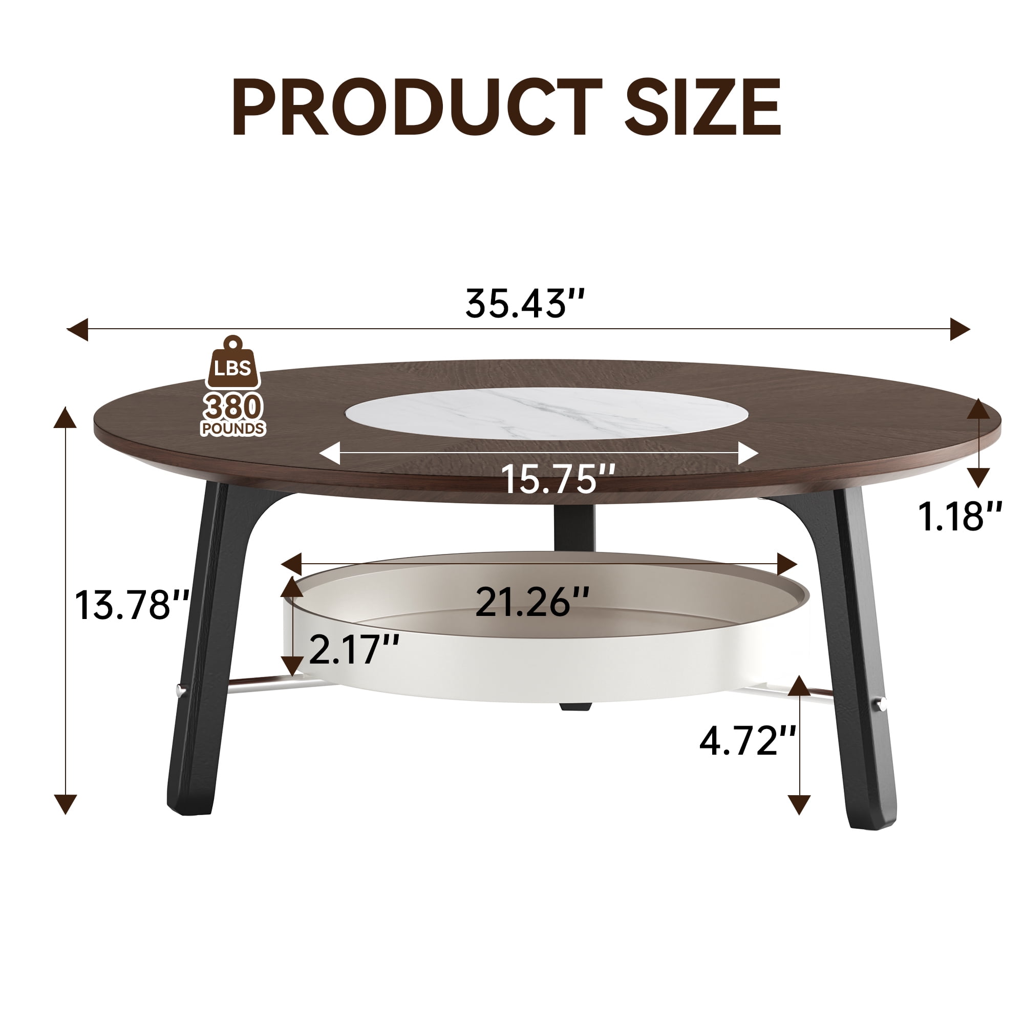 Leumius Round Coffee Table with Storage Shelf, Modern Minimalist Center Table for Living Room Walnut+White