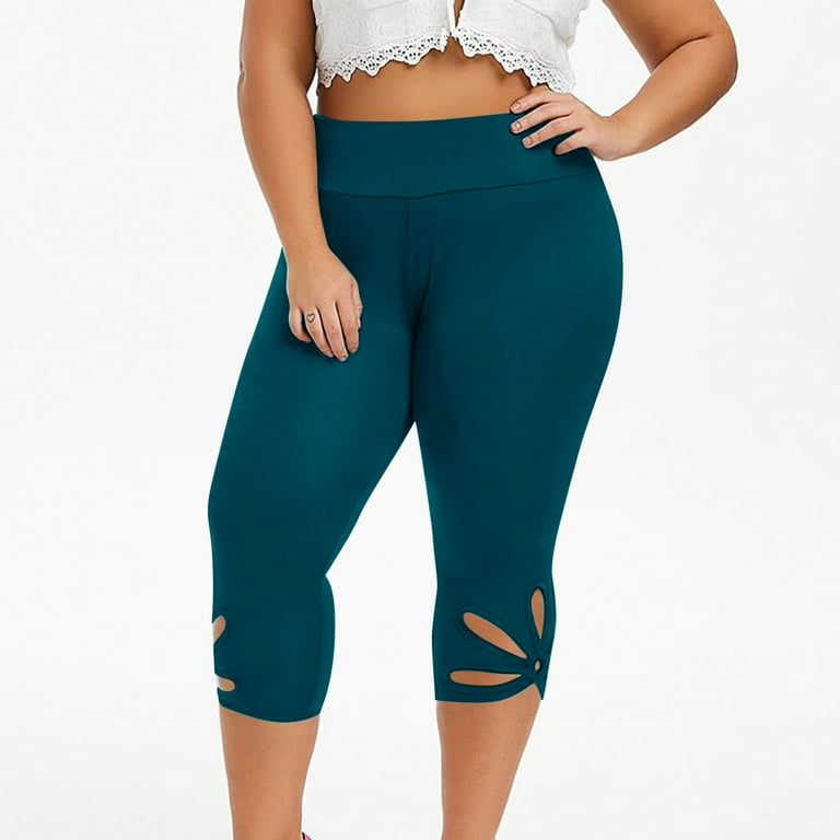 Plus Size Capri Leggings for Women Yoga Bottom Capris Pants High Waisted  Cutout Hem Solid Color Compression Shorts (X-Large, Black) 