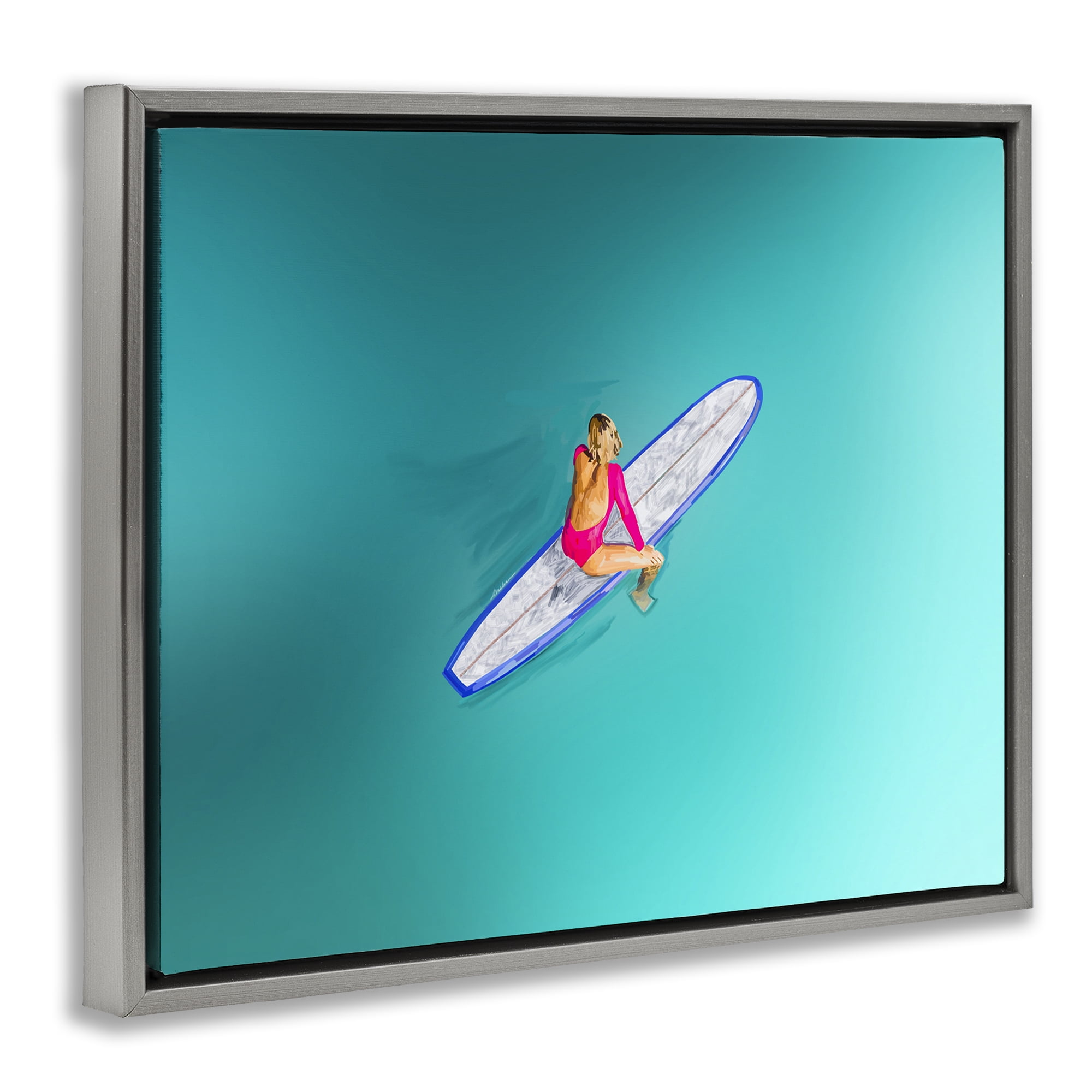 Stupell Industries Sitting on Peaceful Surfboard Nautical & Beach Painting Gray Floater Framed Canvas Art Print Wall Art, 21 x 17
