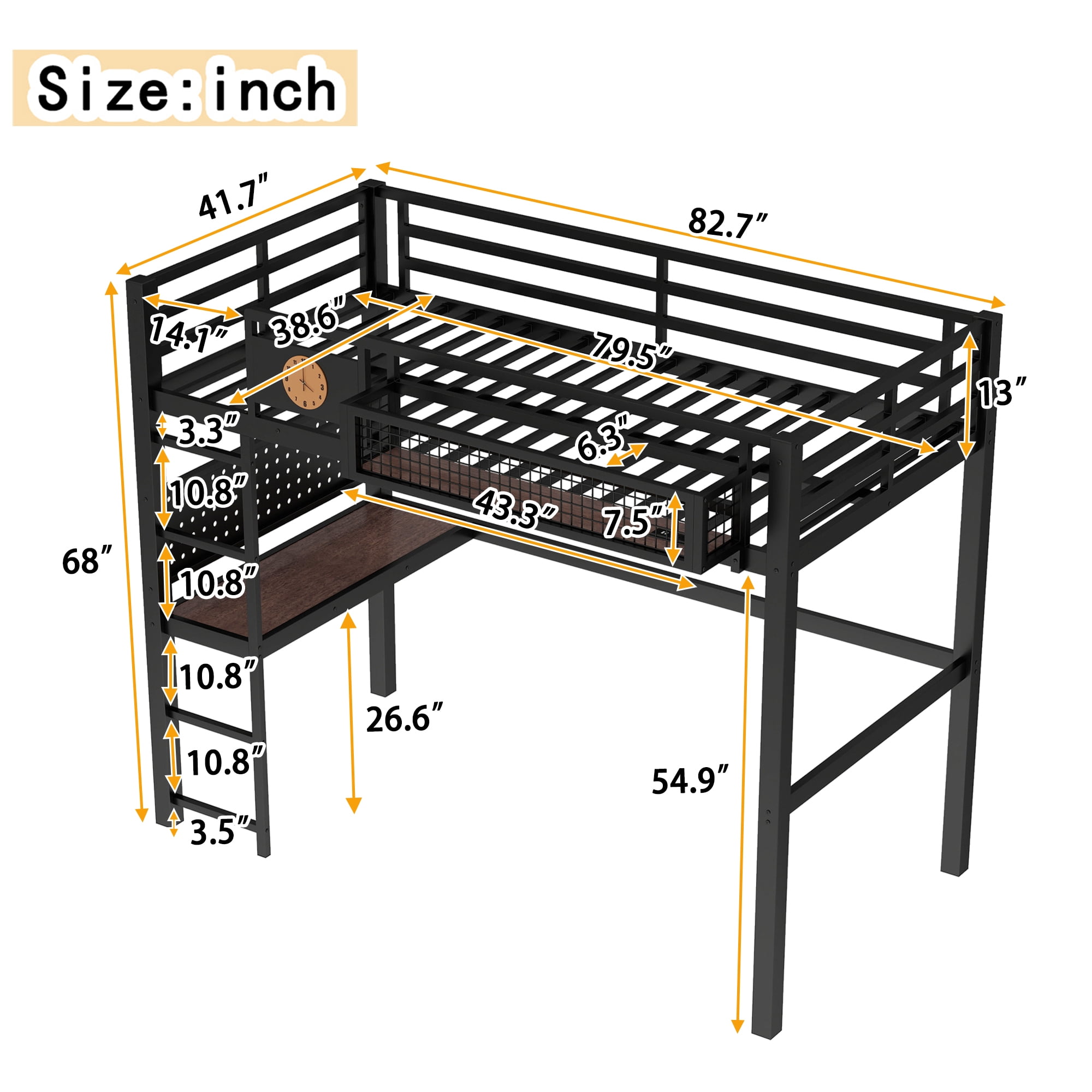 Leumius Twin XL Size Loft Bed with Desk,Metal Loft Bed Frame with Charging Port,Clock and Storage Basket,Black