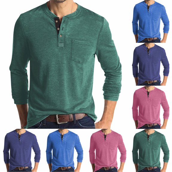 IhhxPro Men's Long Sleeve Button down Shirt Fit Henley with Pockets Casual Button-Up Top Cotton Slim Work Weekend Layered Style S-3XL