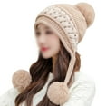 thumbnail image 4 of Gorro de lana con protección para los oídos y bola de tres pelos con bloqueo de color, todo fósforo para invierno, 4 of 5