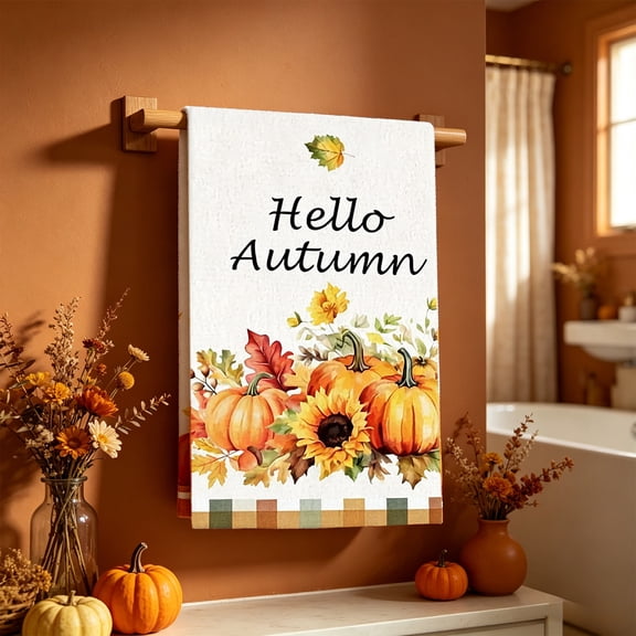 Cevemin Fall Pumpkins Kitchen Towels, Thanksgiving Holiday Decorative Dish Towels Set, Cotton Terrycloth Absorbent Kitchen Hand Towels 16x28 inches, White Orange Multicolored Black