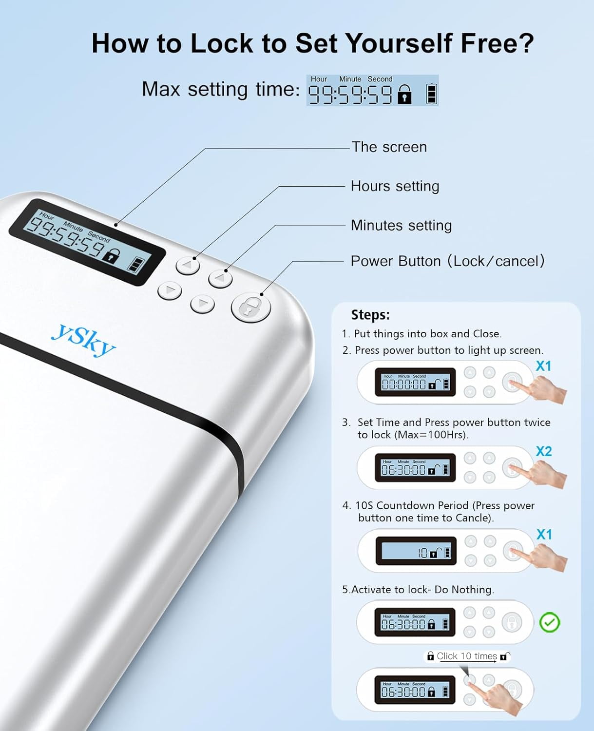 ySky Metal Cell Phone Lock Case with Timer,Portable Timed Phones Locker Box for iPhone and Android, Self-Control Help to Focus Back, Phone Jail Box 1PC Silver