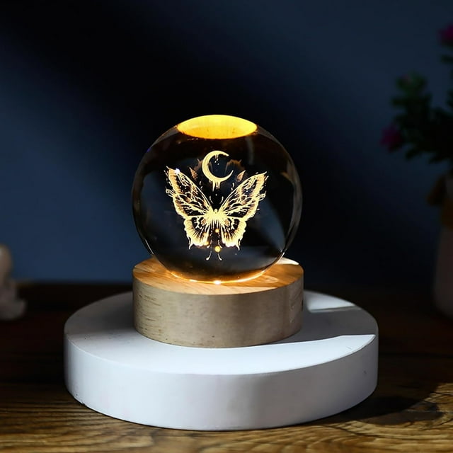 InnotechSC Butterfly Figuras de Delfines 3D de Regalo en Bola de Cristal de 60 Mm con Esfera de Vidrio Grabada con Láser Decoración Del Hogar con Base de Luz de Madera