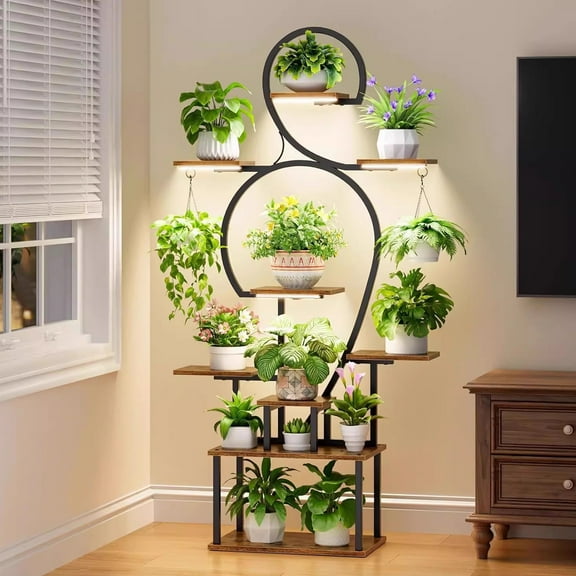 CATLK Plant Stand Indoor with Grow Light - 9 Tiered 63" Tall Indoor Plant Shelves for Multiple Plants, S-Shaped Large Plant Shelf with Grow Light, Lighted Plant Stand for Indoor Plants, Black