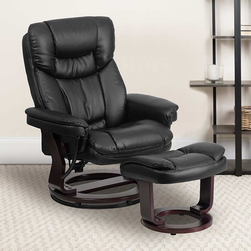 MultiPosition Recliner/Curved Ottoman Swivel Wood Base in Black