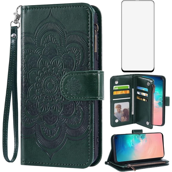 Phone Case for Samsung Galaxy S10e Wallet Cover with Tempered Glass Screen Protector and Flower Leather Flip Credit Card Holder Stand Lanyard Cell Accessories S 10e 10se Se10 Women Men Brown