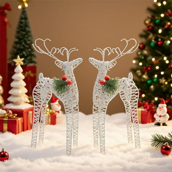 Christmas Decor for Mantel Shelf, Modern Holiday Yard Ornaments with Sparkling Finish, Silver Glitter Reindeer Figurines Set of 2, 13 Inch