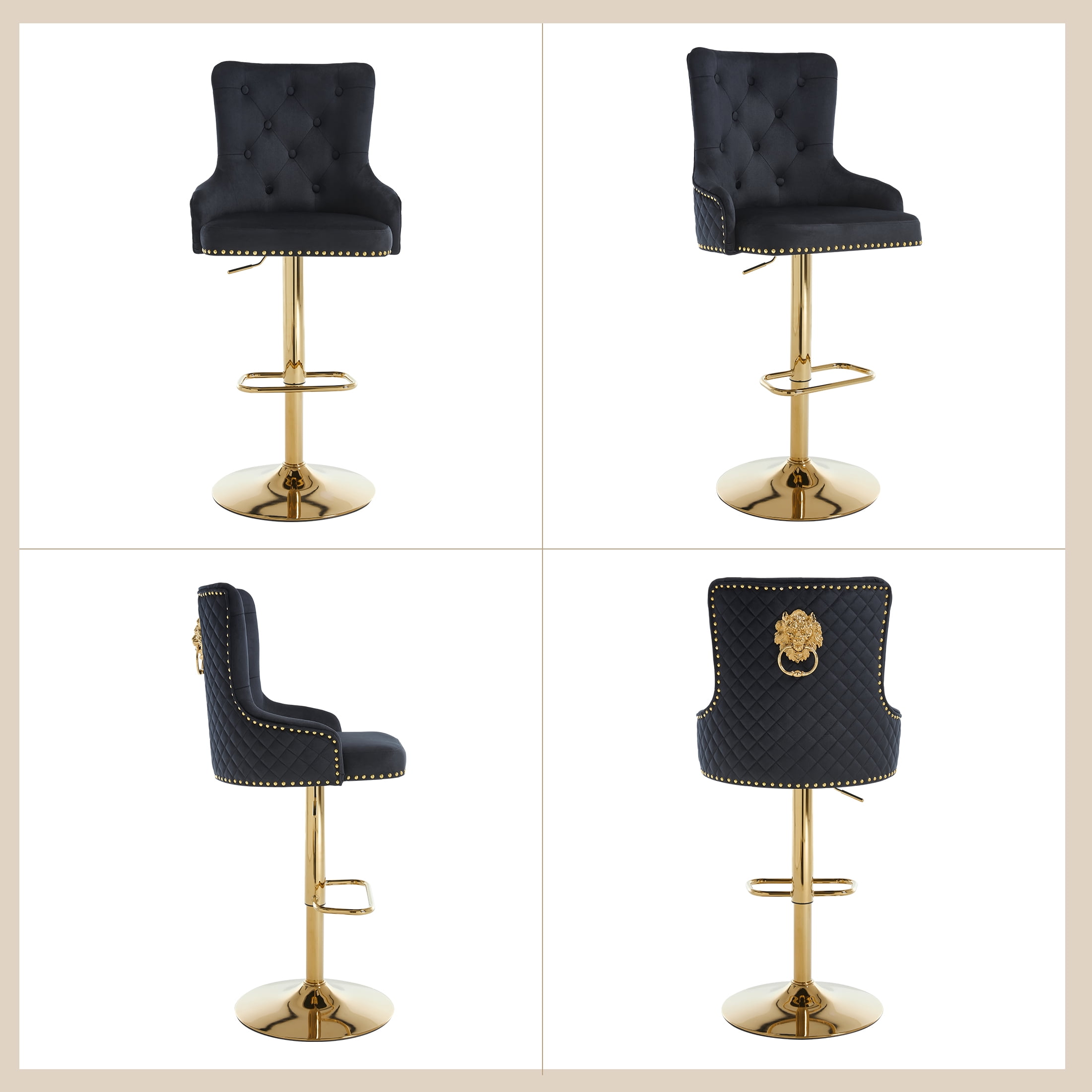 Velvet Gold Bar Stools Set of 2 Modern Counter Height Bar Stools with Lion Pull Ring Tufted Back, Nailhead Upholstered Barstools for Home Kitchen Island, Swivel Adjustable Stool Chair in Black