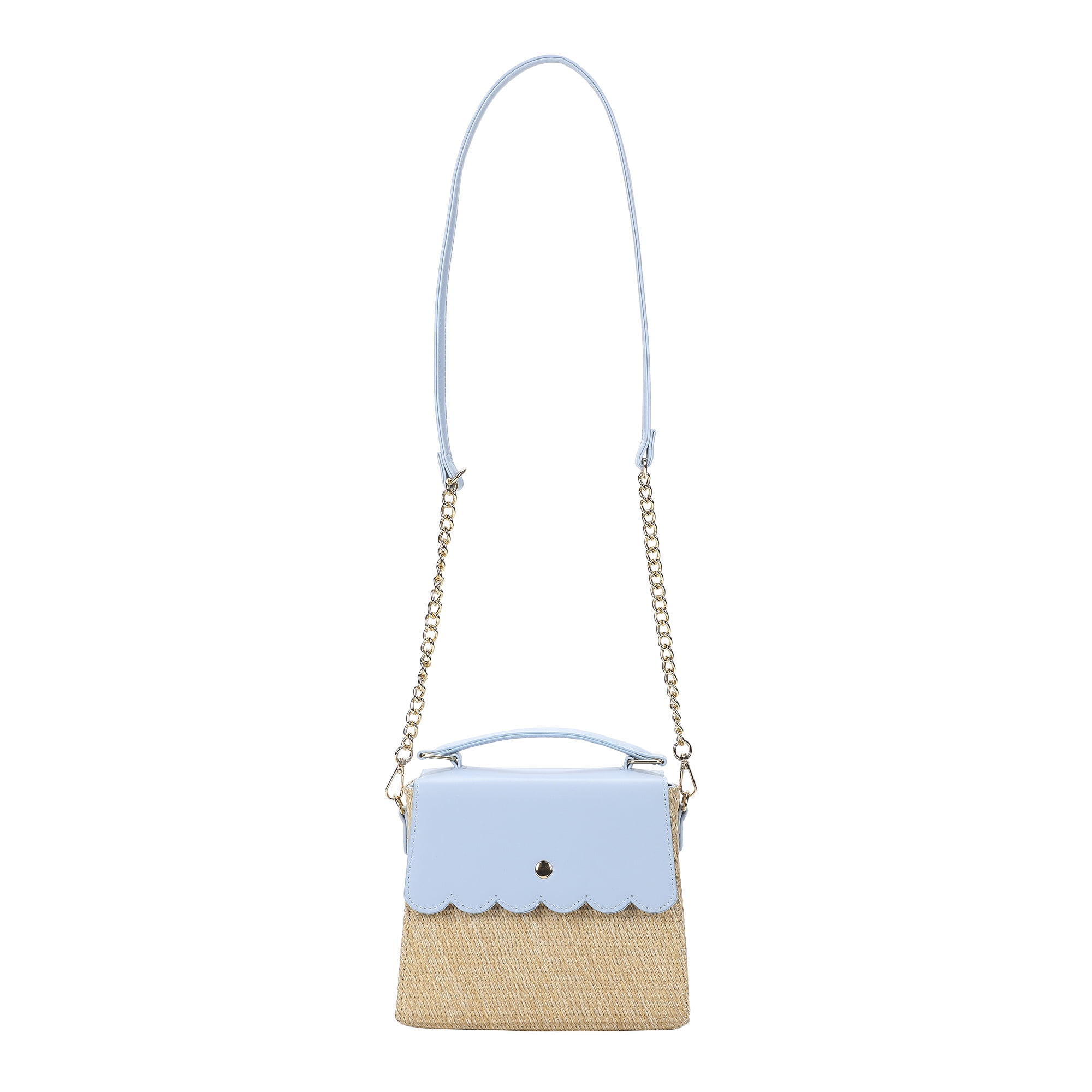 Packed Party Women's Woven Straw Crossbody Bag with Faux Leather Scallop and Chain Strap, Blue
