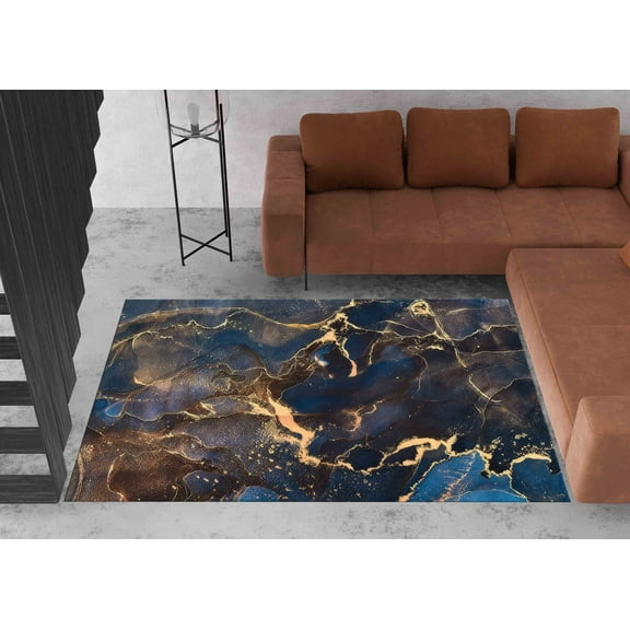 Navy Blue And Gold Marble Rugs, Abstract Marble Rugs, Marble Rugs, Salon Decor Rug, Easy To Clean Rug, Dining Room Rug, Non-Slip Carpet, 2'x3' - 60x90 cm