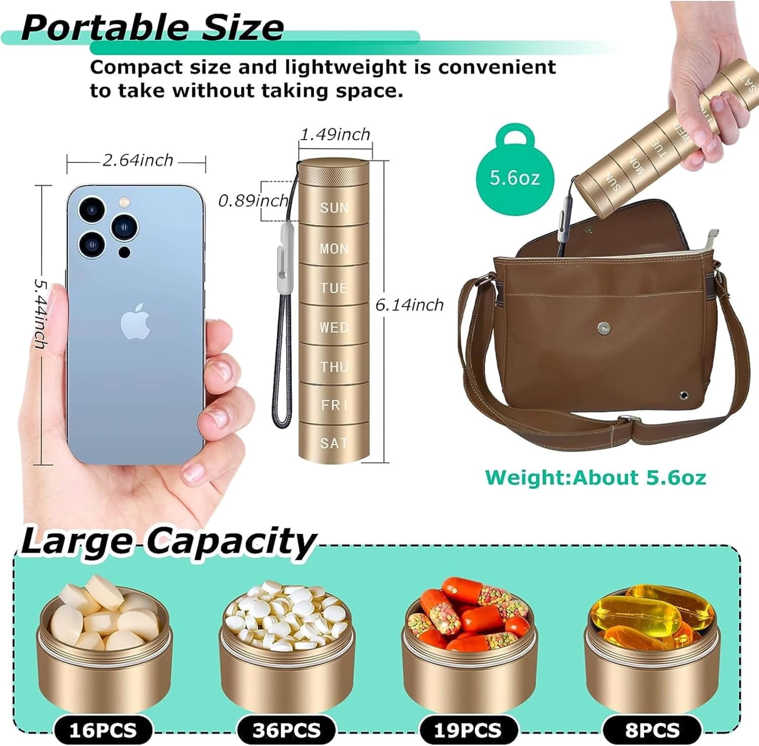 Compact Multi Compartment Pill Holder, 7 Day Pill Dispenser Metal Travel Pill Organizer Large Capacity, Pocket Airtight Waterproof Portable Pill Box Bpa Free, Once A Day
