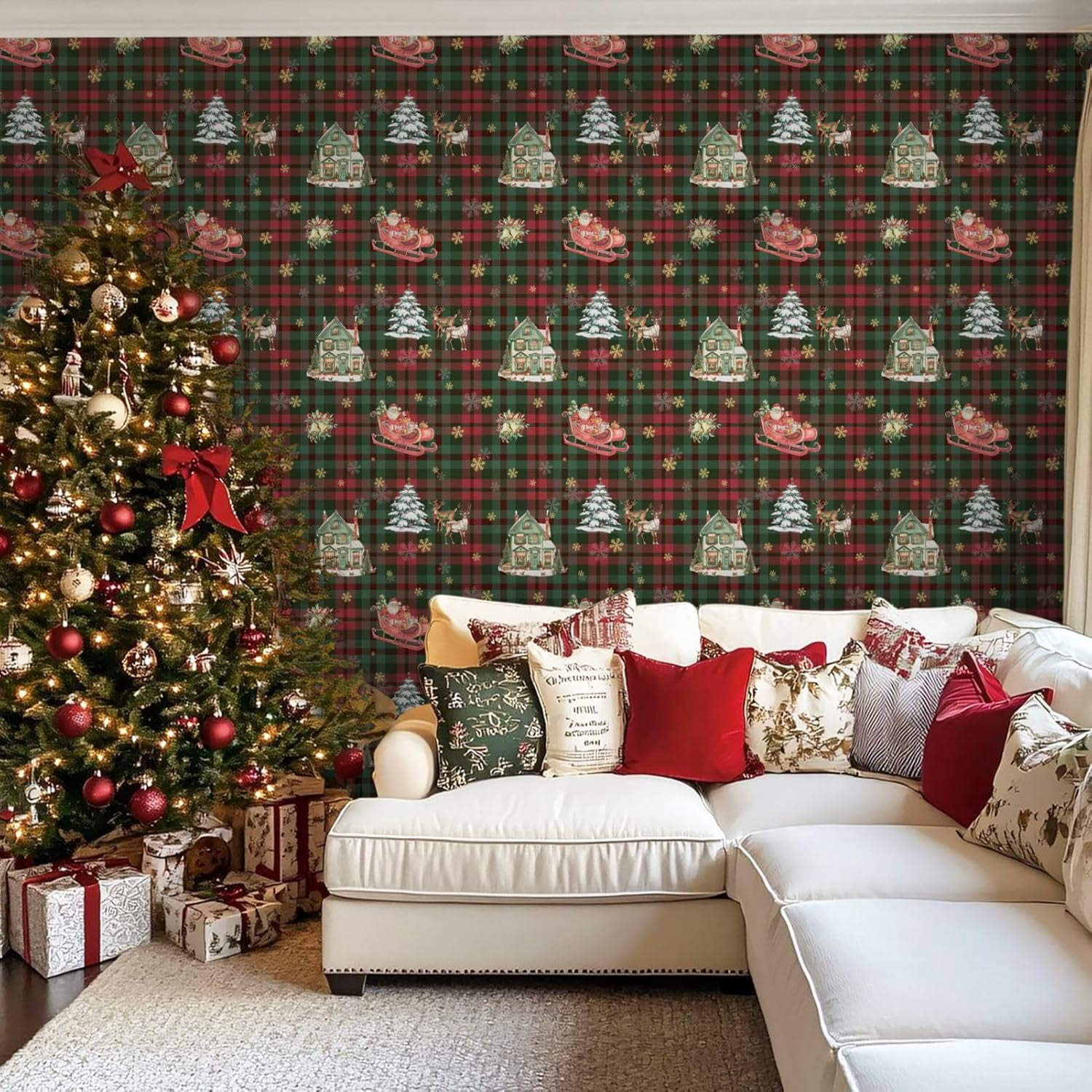 Christmas Contact Paper Removable Self-Adhesive Wallpaper 17.3"x118" Green and Red Waterproof Christmas Peel and Stick Wallpaper for Bedroom Window Fireplace Indoor Decoration