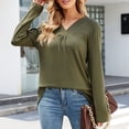 thumbnail image 2 of Camiseta de manga larga con cuello en V para mujer, suave, transpirable, color puro, dobladillo suelto, blusas casuales, tops de moda para viajes, trabajo, OD verde XL, 2 of 6