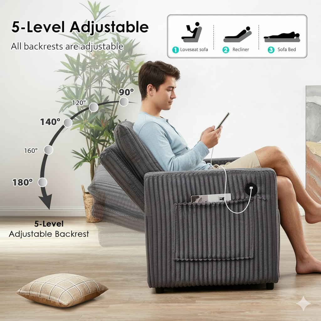 65in Sleeper Sofa Bed, Convertible Pull Out Couch with Small Table, USB Ports & Adjustable Backrest, Corduroy Loveseat Sofa Bed for Apartment, Bedroom, Living Room (Dark Gray)