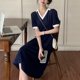 thumbnail image 5 of Vestido de mujer con cuello en V, cintura fruncida, manga corta, vestido elegante simple para ir al trabajo, cena, azul marino, largo L, 5 of 14