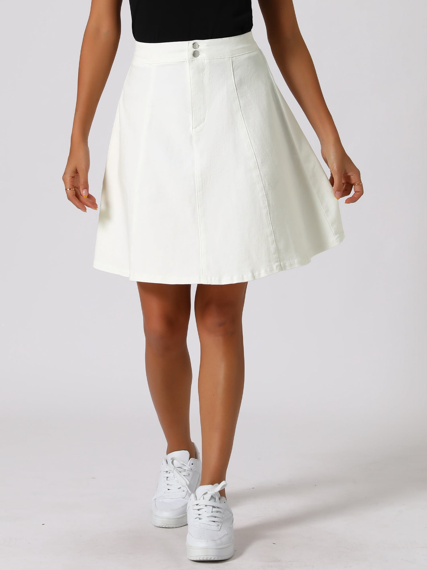 DARING DIVA Women's A-Line Flared Pleated Midi Denim Skirt M White