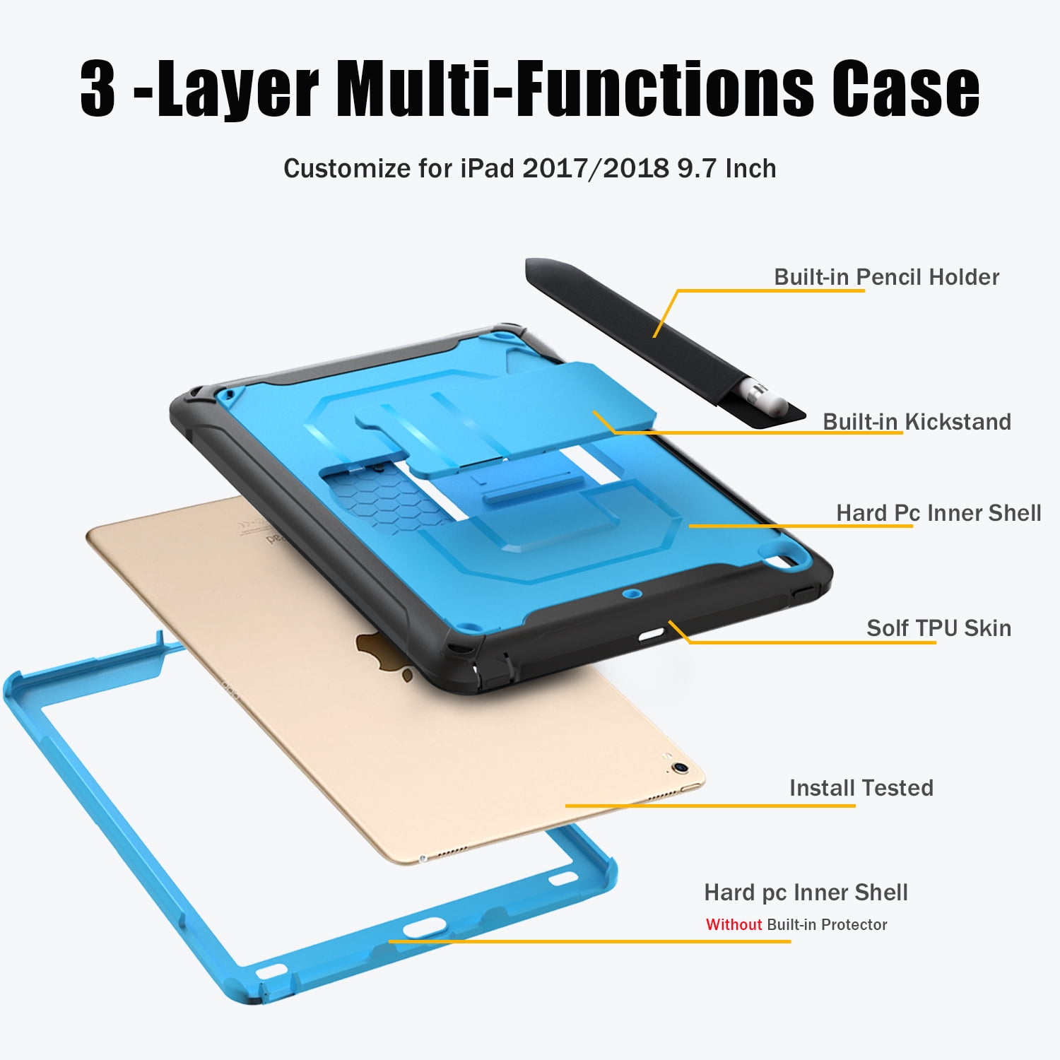 Allytech iPad Mini 5 Case, iPad Mini 4 Case, Dual Layers Full Protection Shockproof Pencil Holder Kids Friendly Shoulder Strap Kickstand Defender Case Cover for Apple iPad mini 5 / mini 4, Blue