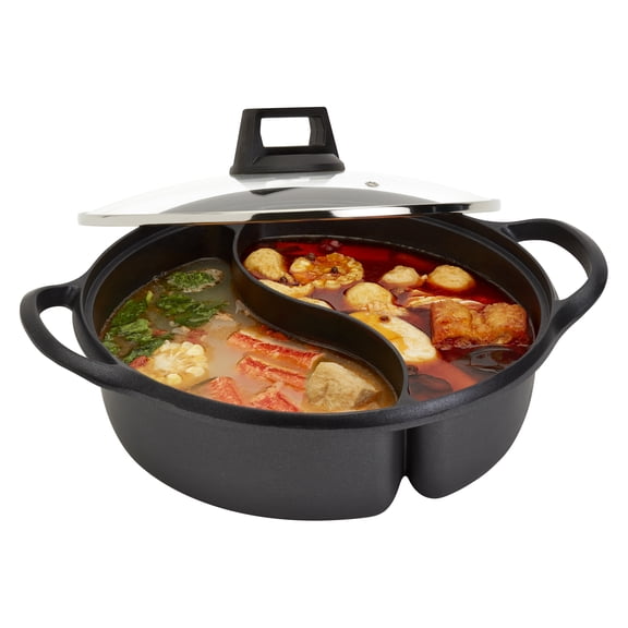 INFUSE 4.4QT 2-Section Nonstick Aluminum Hot Pot with Glass Lid for Soup Seafood Noodles, Black