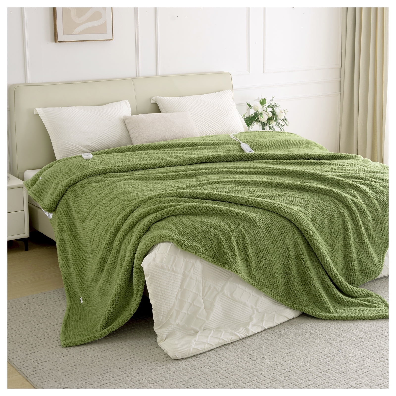 ELEKA Electric Heated Blanket Twin，Ultra‑Cozy Premium Flannel & Sherpa， 1–10 H Auto‑Off,8 Heating Levels，Overheat Protection, Ideal Gifts for Grandma，84" x 90"，Green