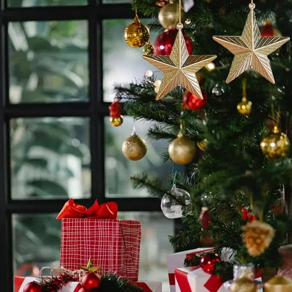 Peacheart 2 Pcs Christmas Star Ornaments, Gold Glitter Star Shaped Christmas Tree Hanging Decorations for Xmas Holiday Wedding Party Supplies Home Decor