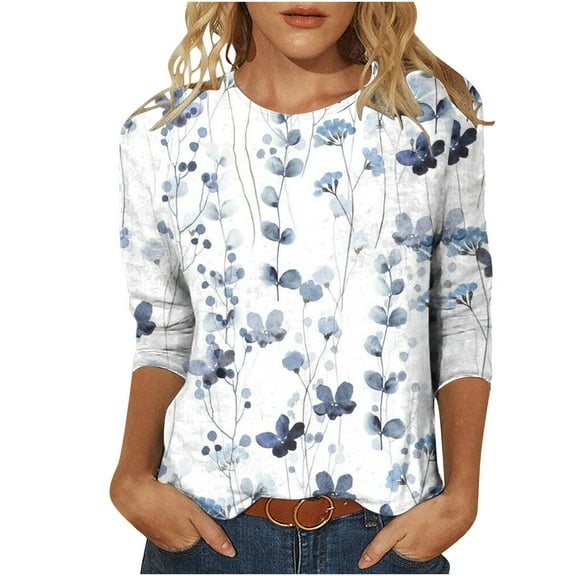 LEAVINGSUO Women's Plus Size Round Neck Long Sleeve Women's Fashion Printed Loose T-Shirt 3/4 Sleeves Blouse Round Neck Casual Tops
