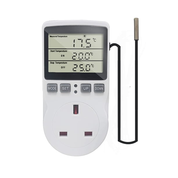 Enchufe termostato digital, controlador de temperatura de 220 V con sonda de sensor, enchufe termostático para calefacción, refrigeración, invernadero, congelador, refrigerador, fermentación