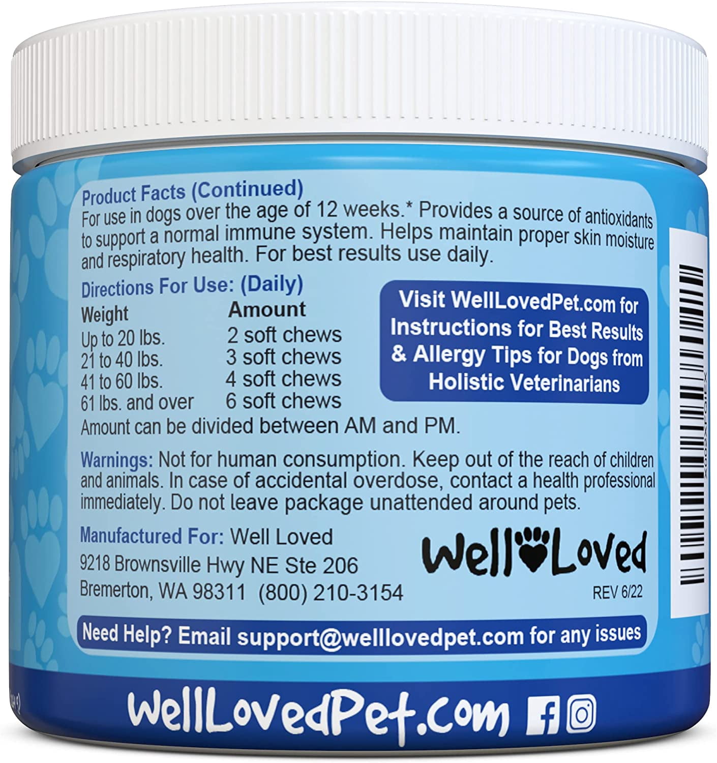 Well Loved Dog Allergy Chews, Itch Relief for Dogs, Hot Spot, 120 Chews