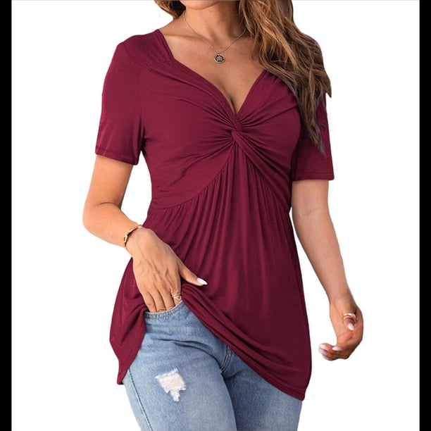 Blusa de Mujer con Cuello en V y Nudo Delantero, Corta, Estilo Túnica Oversize, Estilo Jersey Liso de Verano Vino Tinto XXXL