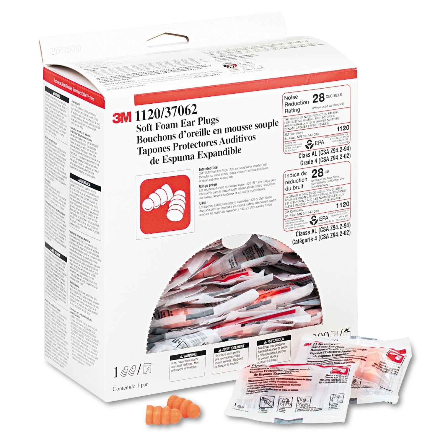 3m™ Foam Single-use Earplugs, Cordlss, 29nrr, Orange, 200 Pairs