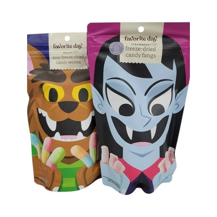Halloween Favorite Day Strawberry Freeze-dried Candy Fangs 3 oz Bag and Fruity Sour Freeze-dried Candy Worms 3 oz Bag