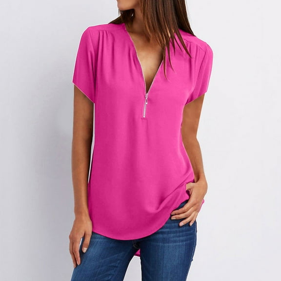 Aloohaidyvio womens valentines day shirt,Womens Summer Short Sleeve Shirts Zip Casual Tunic V-Neck Rollable Blouse Tops