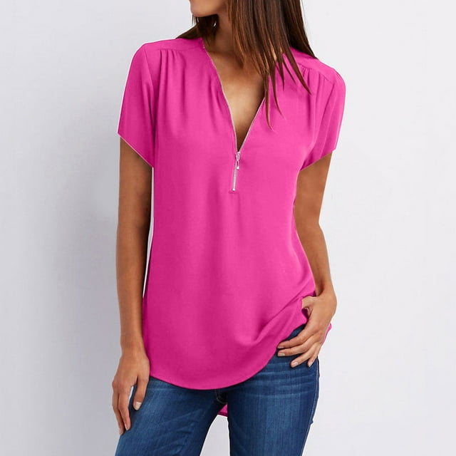 Hauts de Sortie pour Femmes Été Manches Courtes Chemises Fermeture à Glissière Tunique Décontractée Col en V Blouse Roulable Débardeurs pour Femmes en Liquidation