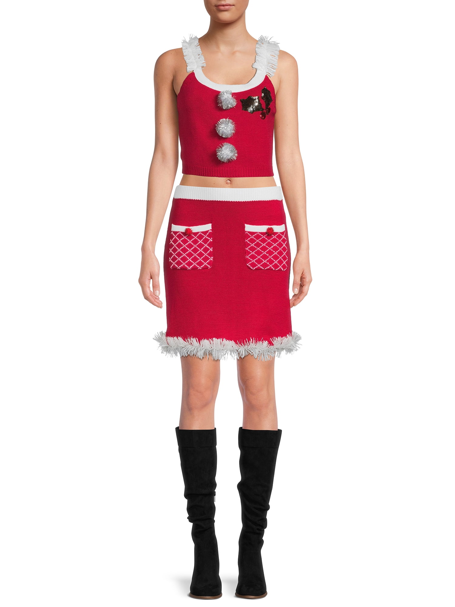 No Boundaries Junior's Knit Christmas Top & Skirt Set, 2-Piece