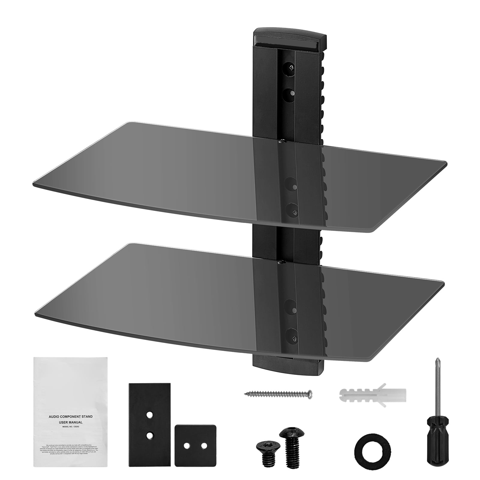 SKYSHALO Glass Wall Shelves, Supports 18 lbs, Shelf TV Wall Mount, Durable Floating Media Console for DVD/PS4/Cable Units/Game Systems/Sky Box/TV Extras-2 Levels