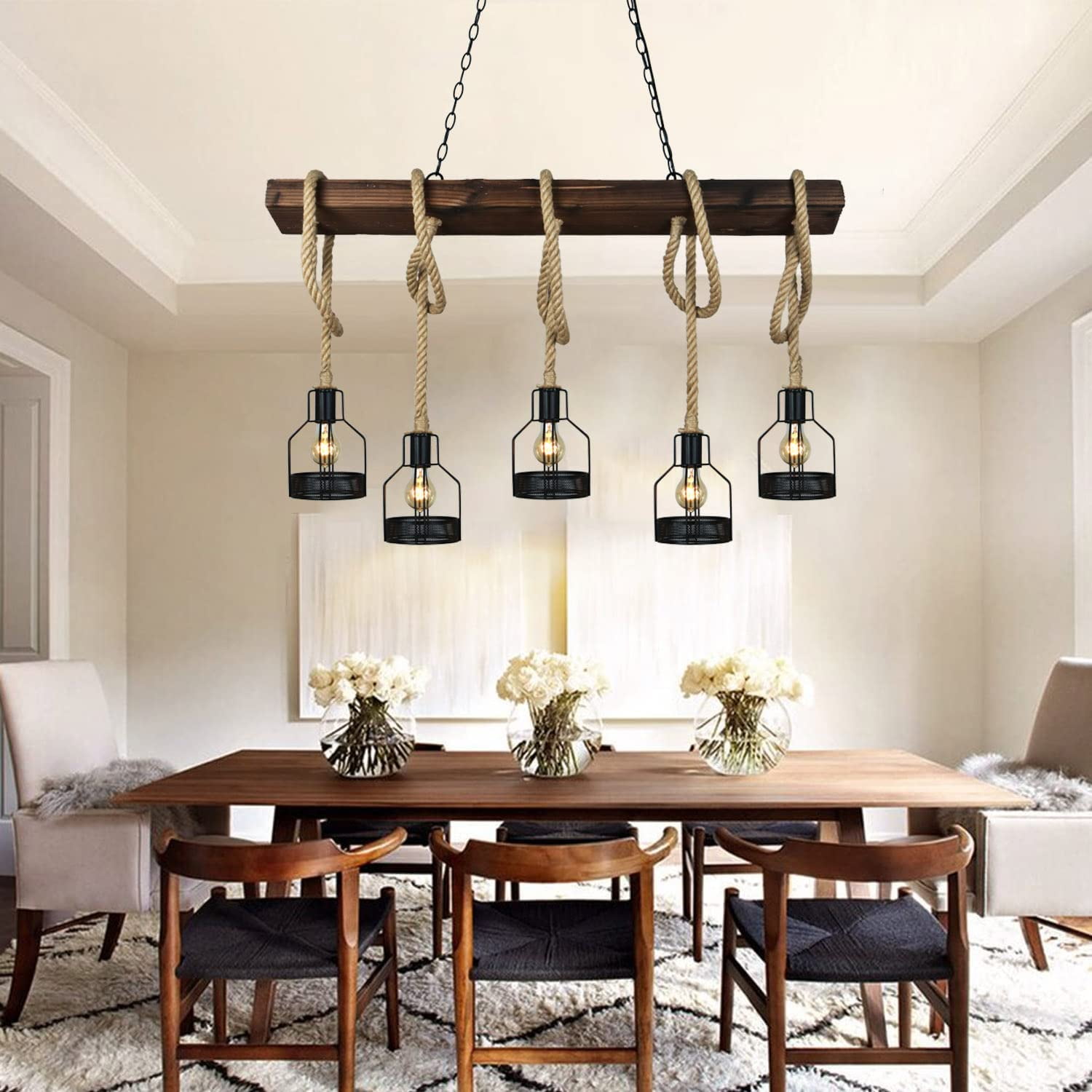 Arturesthome Pendant Lights Kitchen Island Kitchen Light Fixtures Rustic Dining Room Light Fixture with 5 E26 Bulb Sockets Black Metal and Wood Beam Chandelier Ceiling Pendant Light Fixtures