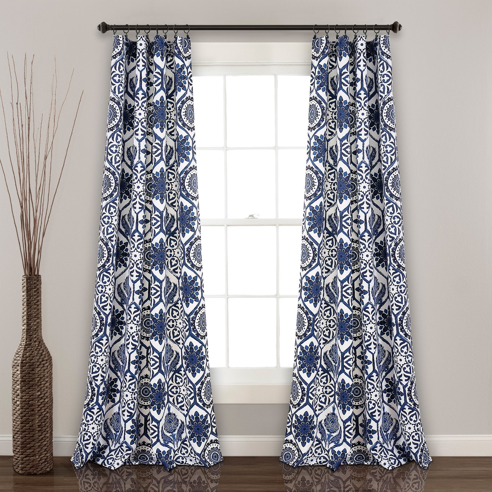50 Inches by 84 Inches ENVOGUE 2pc Window Curtain Set Floating Medallions Shades of Blue on White Top Border Window Panels