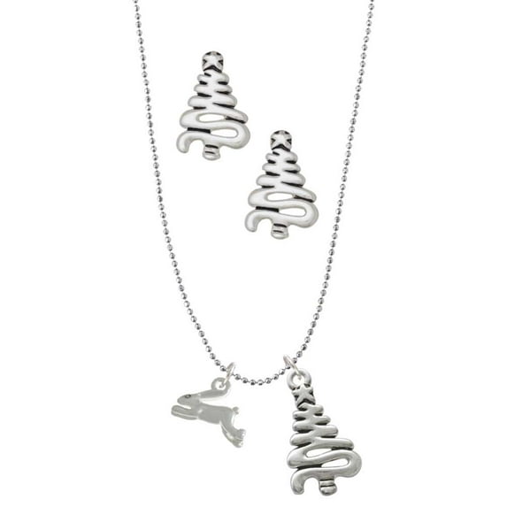 Delight Jewelry Leaping Rabbit Silver tone Zig Zag Christmas Tree Charm Necklace and Stud Earrings