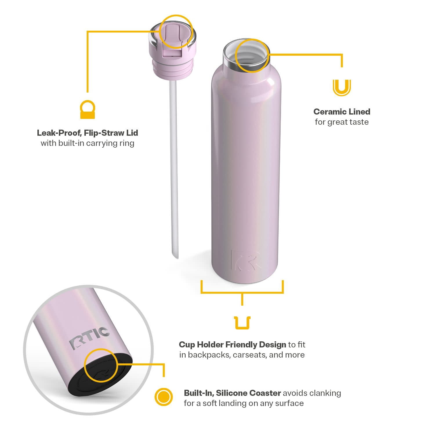 RTIC 26 oz Ceramic Lined Insulated Journey Water Bottle, Leak-Proof Lid, Pale Pink Glitter