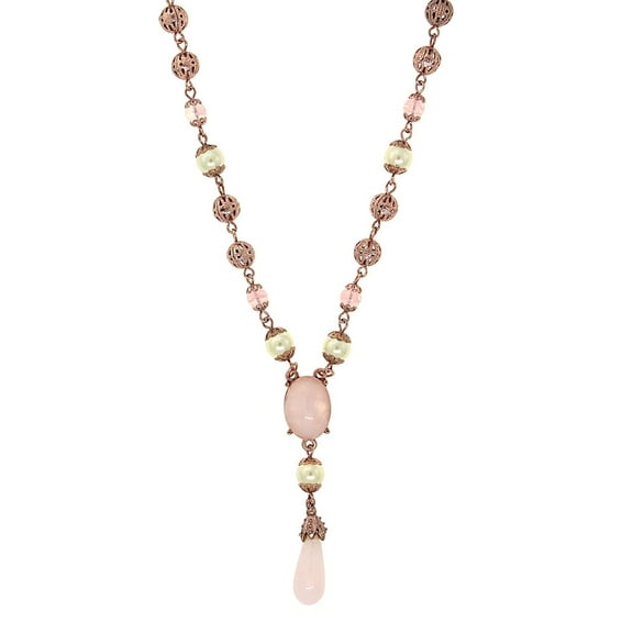 1928 Jewelry Women's Rose Gold Faux Pearl Rose Quartz Y Necklace 16"   3" Extender