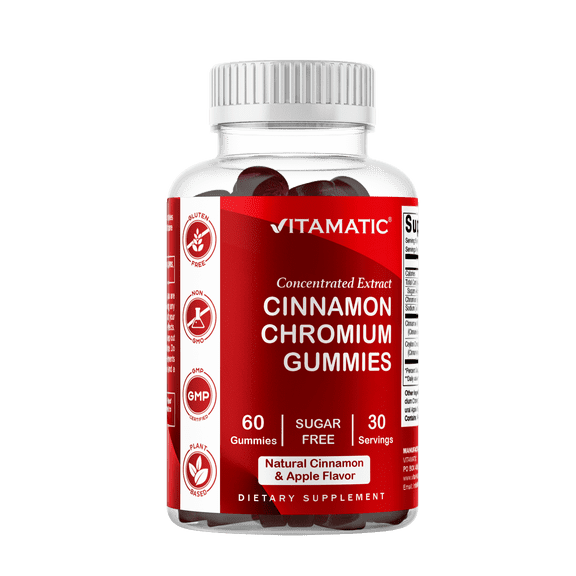 Vitamatic Chromium & Ceylon Cinnamon Gummies – Sugar-Free Botanical Extract Supplement – Vegan, Non-GMO, Gluten-Free – Plant-Based Gummies – 60 Count