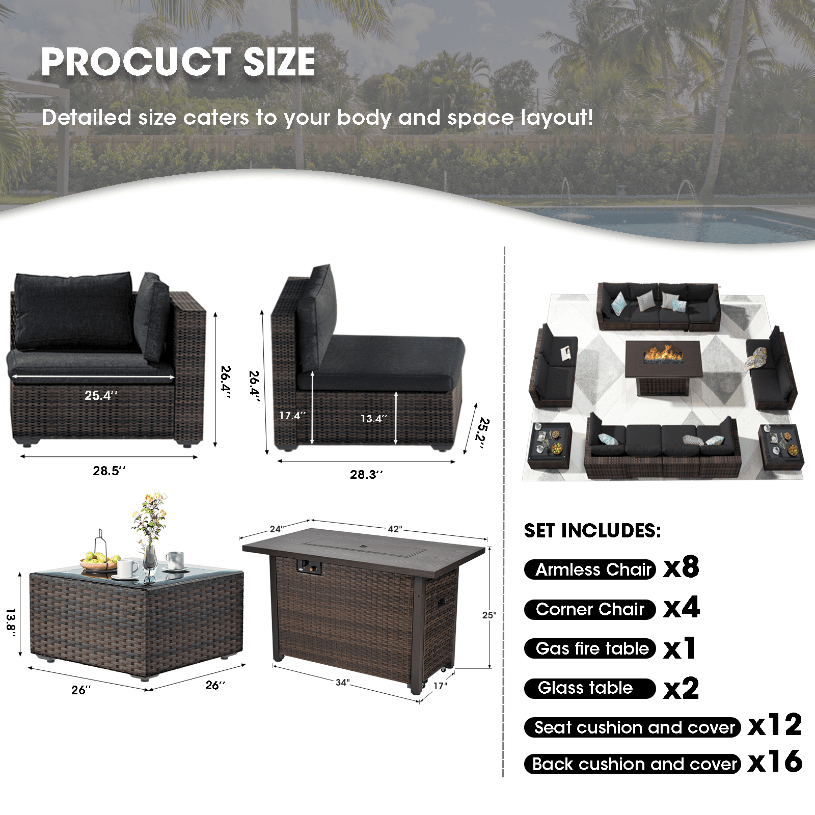 TANGJEAMER 15 Piece Patio Furniture Set with Fire Pit Table, All Weather Outdoor Sectional PE Rattan, Patio Conversation Sets with Cushions and Glass Coffee Table for Garden Lawn Balcony, Blue