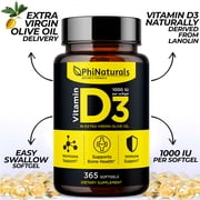 Vitamin D3 1000iu Softgels Supplement - PhiNaturals - Olive Oil Base 365 Gel Caps One Year Supply of Vit D, Vitamina D 3 1000 iu