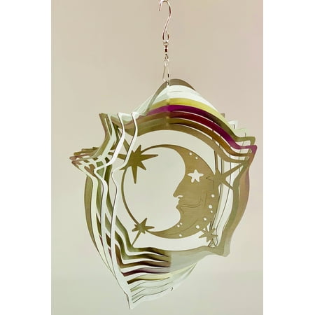 Dundee Deco s Wind Spinner in Gift Box - 3D Hanging Indoor Outdoor Yard Garden Decoration - Mandala - Moon Stars - Silver - 12 inch - Unique Gift Idea For Men Women Souvenir Present