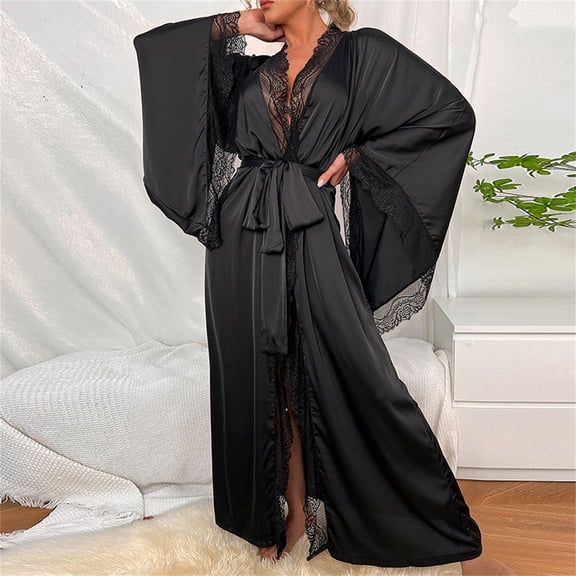 Women's Luxury Lace Trim Robe - Long Sleeve Solid Cool Touch Casual Nightgown - Black - L