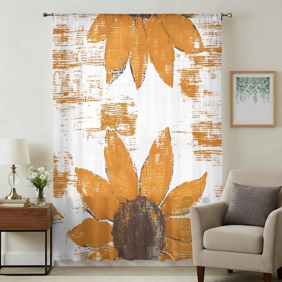 Orange Sunflower Sheer Curtains 63 Inches Long, Spring Summer Botanical Flowers Light Filering Curtains, Breathable Simi Curtain Privacy Drapes for Living Room Bedroom Lightweight Window Treatment