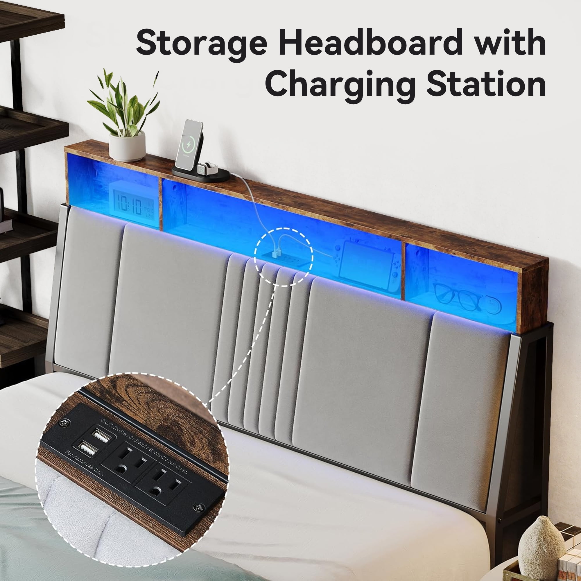 Sailvan Queen Bed Frame with Headboard, Platform Metal Bed Frame Queen Size with Under Storage,  LED Light, Charging Station & Velvet Upholstered, No Box Spring Needed, Noise-Free